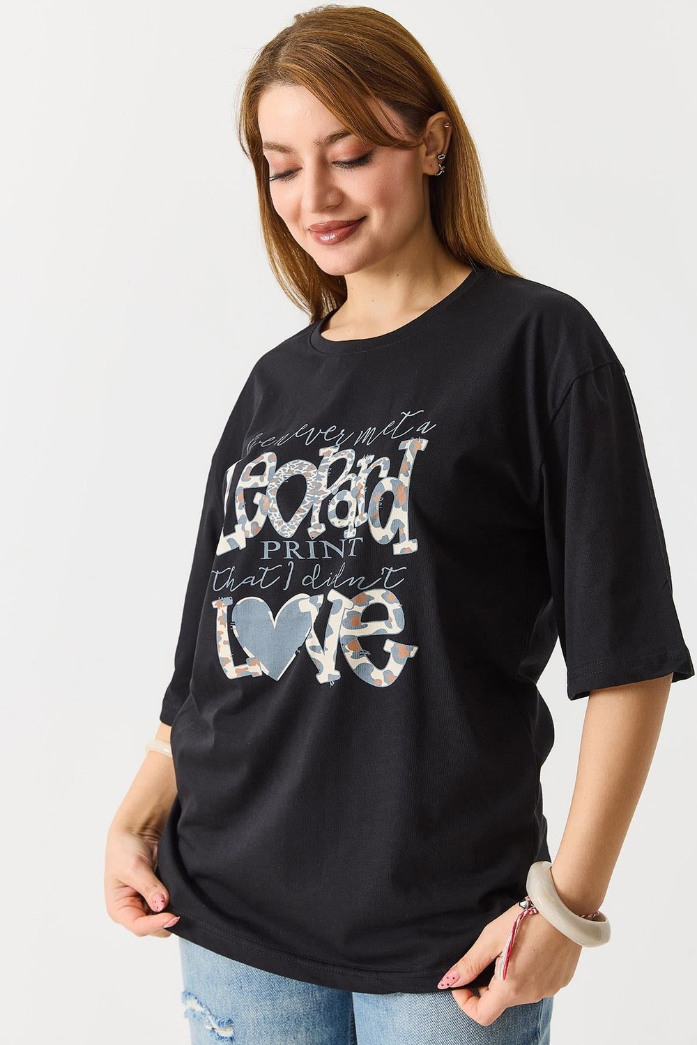 Kadın  Bisiklet Yaka Rahat Kesim Kısa Kol Tshirt Siyah