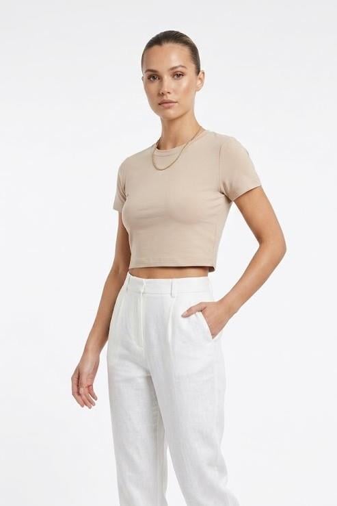 Kadın Bisiklet Yaka Düz Crop Bluz Krem