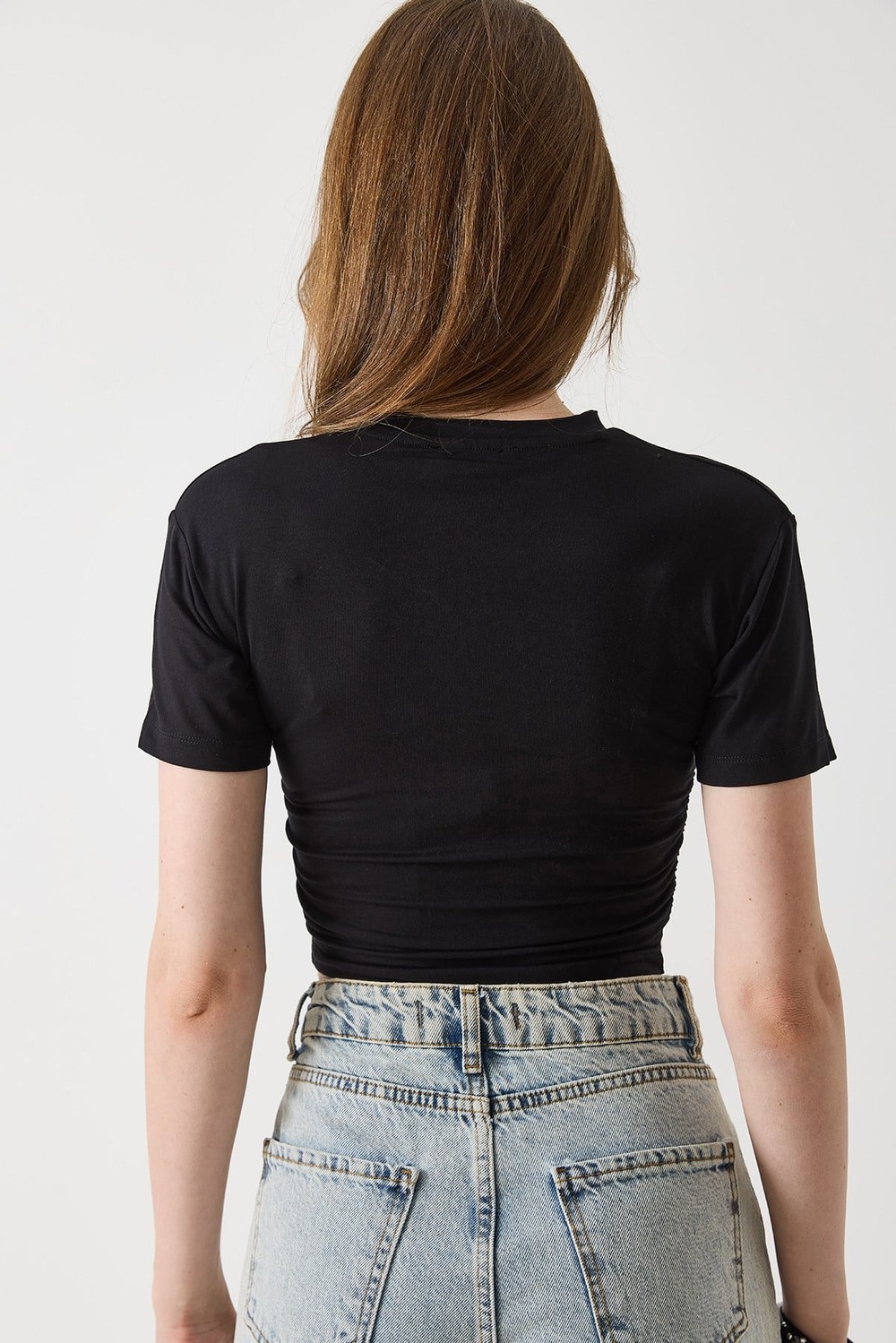 Kadın Bisiklet Yaka Penye Crop Bluz Siyah