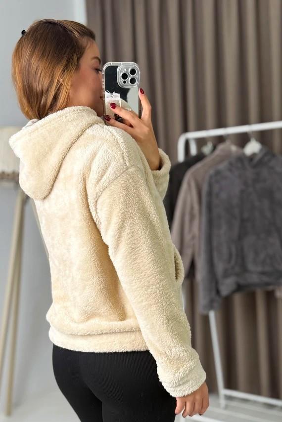 Kadın Kapüşonlu Welsoft Uzun Kollu Bej Sweatshirt