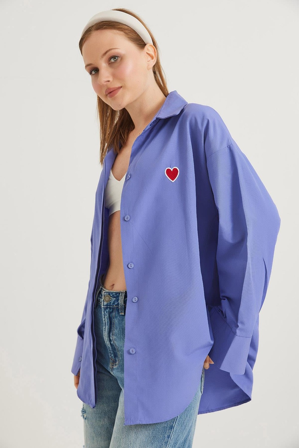 Kalp Nakışlı  Oversize Basic Gömlek Mor