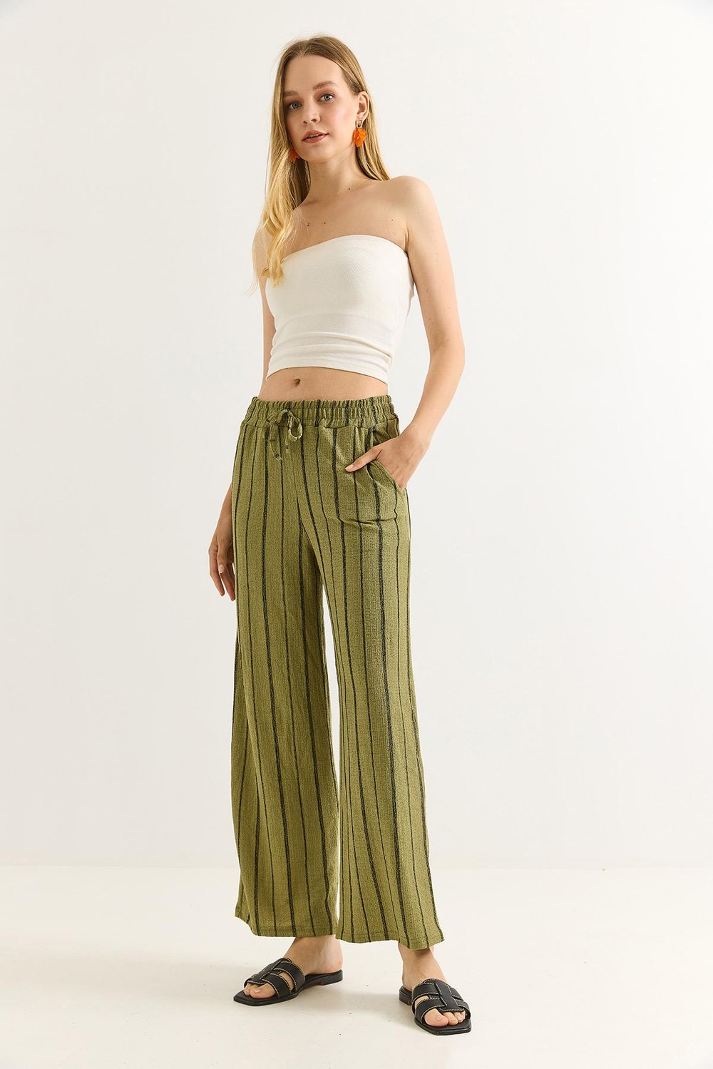 Bürümcük Çizgili Rahat Kesim Pantalon Yeşil