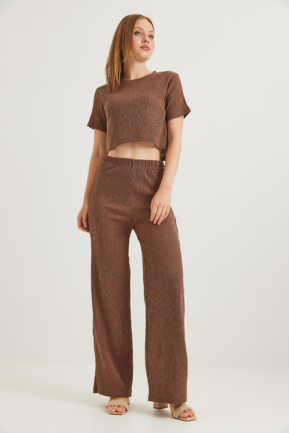 Bürümcük Kumaş İkili Crop Takım Kahverengi