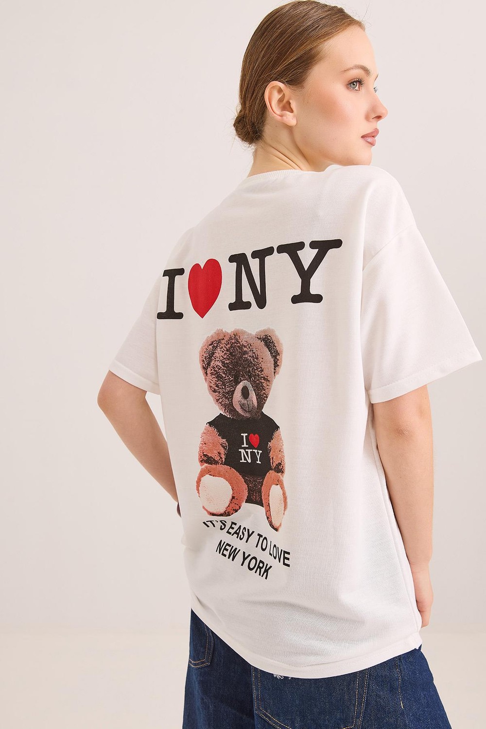 Ön Ve Arka Baskılı İki İp Oversize Örme Tshirt Ekru