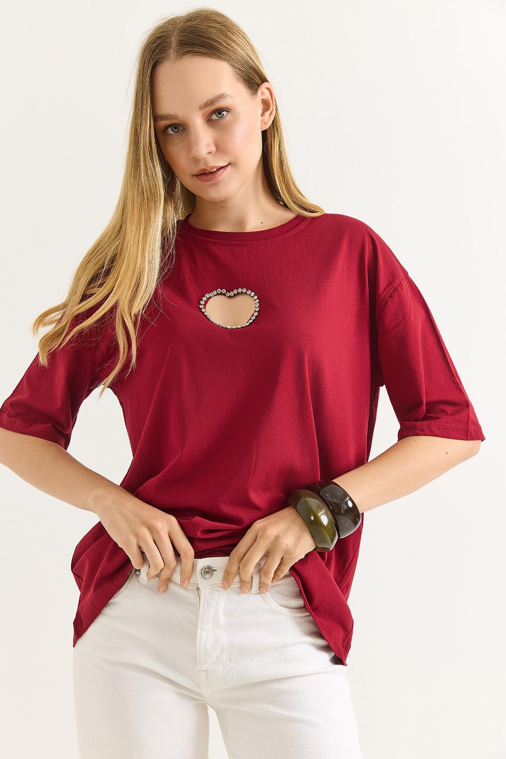 Kalp Dekolteli Bisiklet Yaka Tshirt Bordo