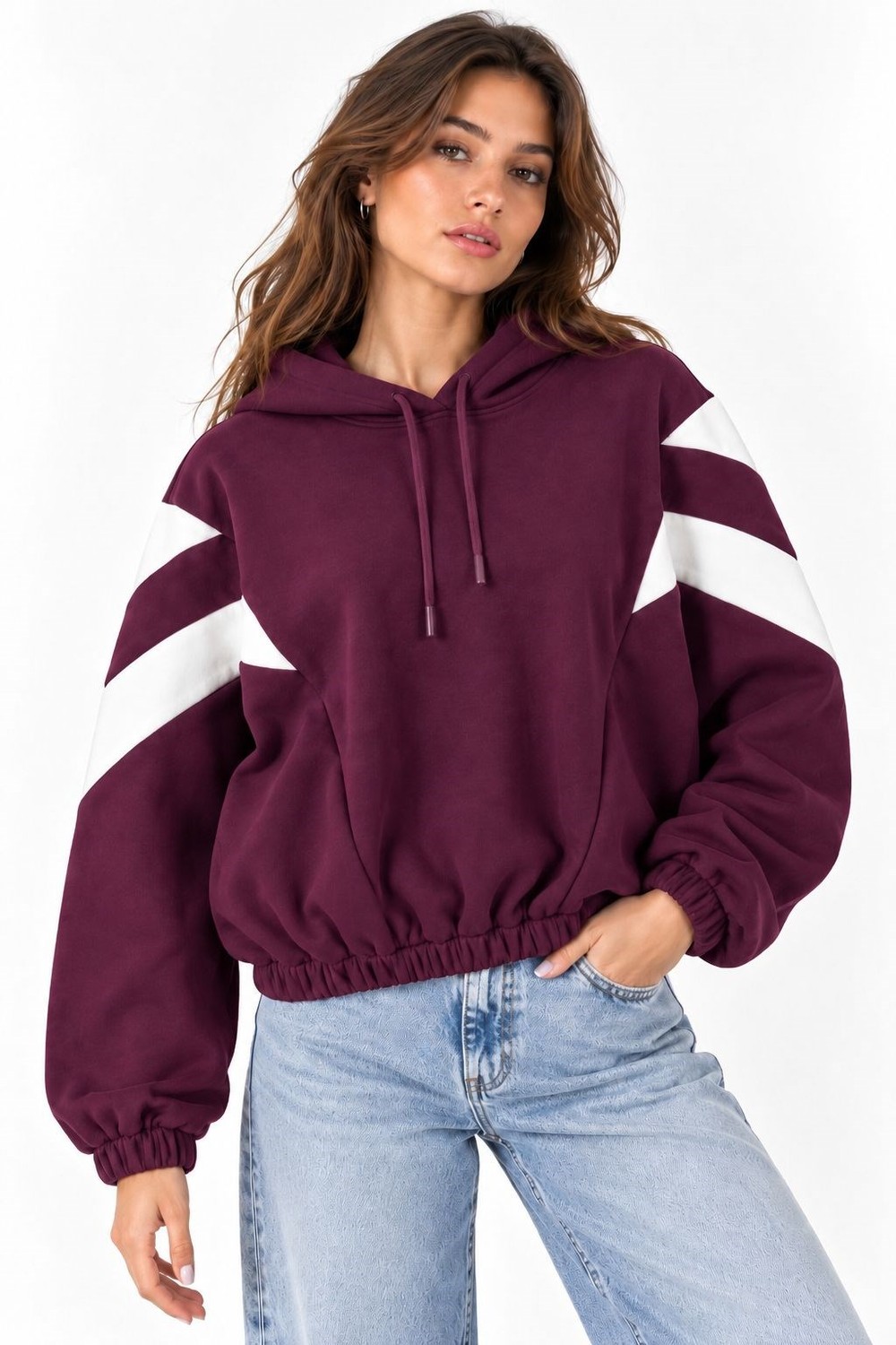 Kadın Beli Lastikli Şerit Detaylı Kapüşonlu Sweat Bordo