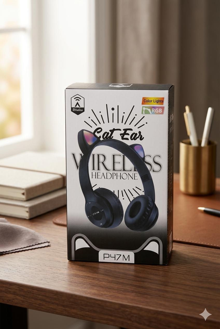 Kedi Kulağı Rengarenk Işıklı  Bluetooth Kulaklık Siyah