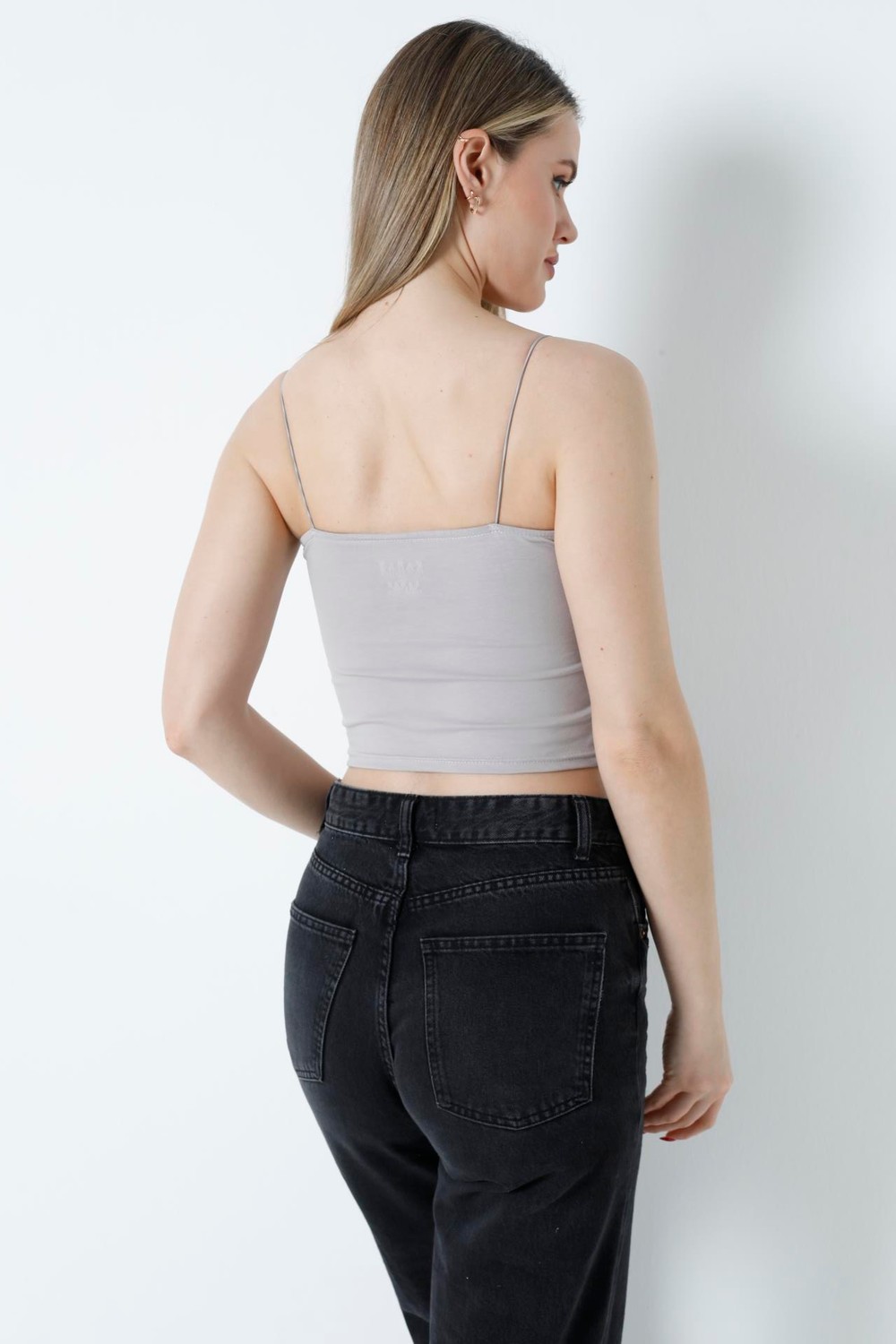 İp Askılı Crop Bluz Gri