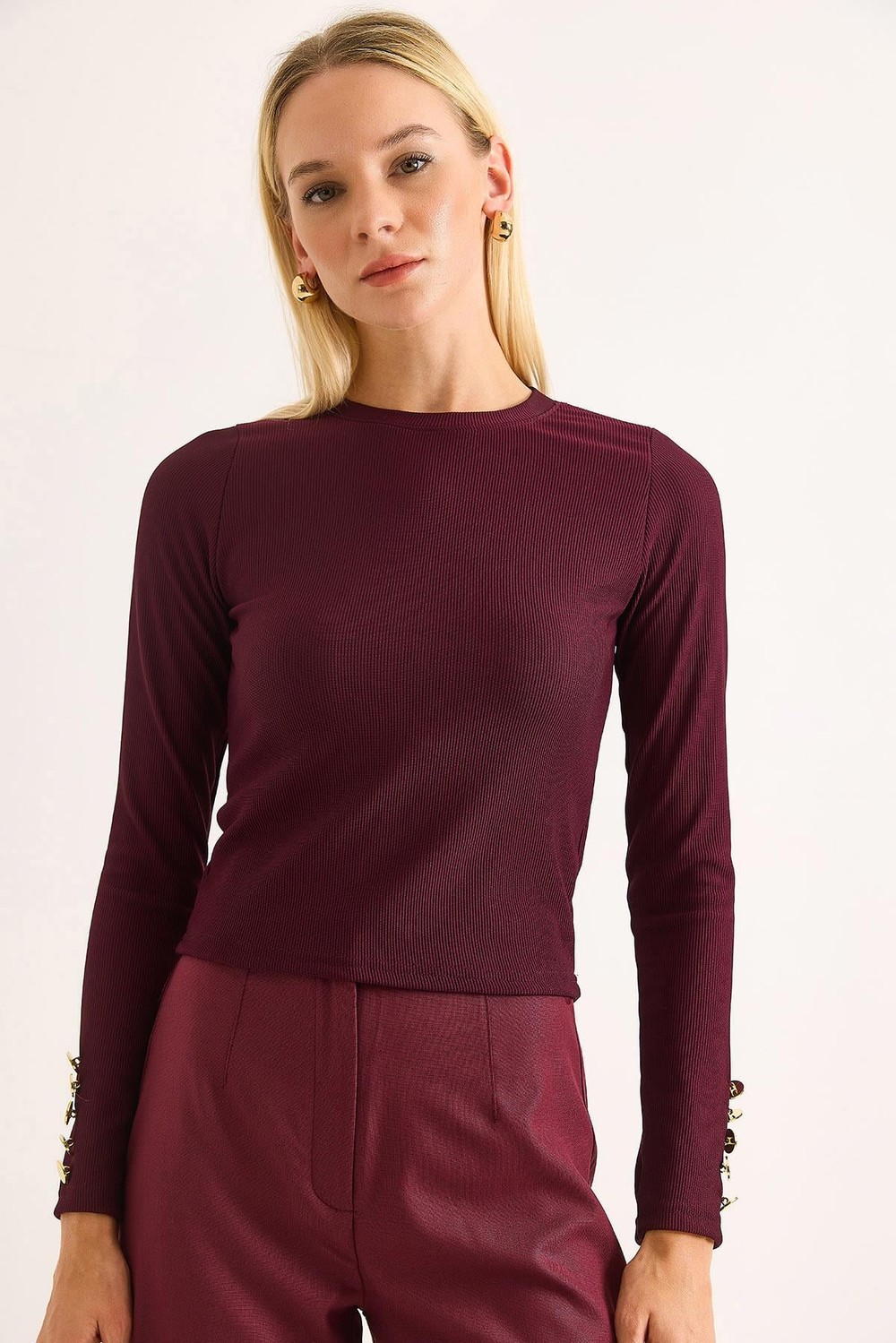 Kadın Kolları Düğme Detaylı Şık  Bluz Bordo