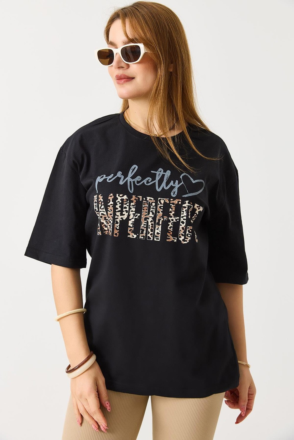 Kadın Bol Kesim Bisiklet Yaka Kısa Kol Tshirt Siyah