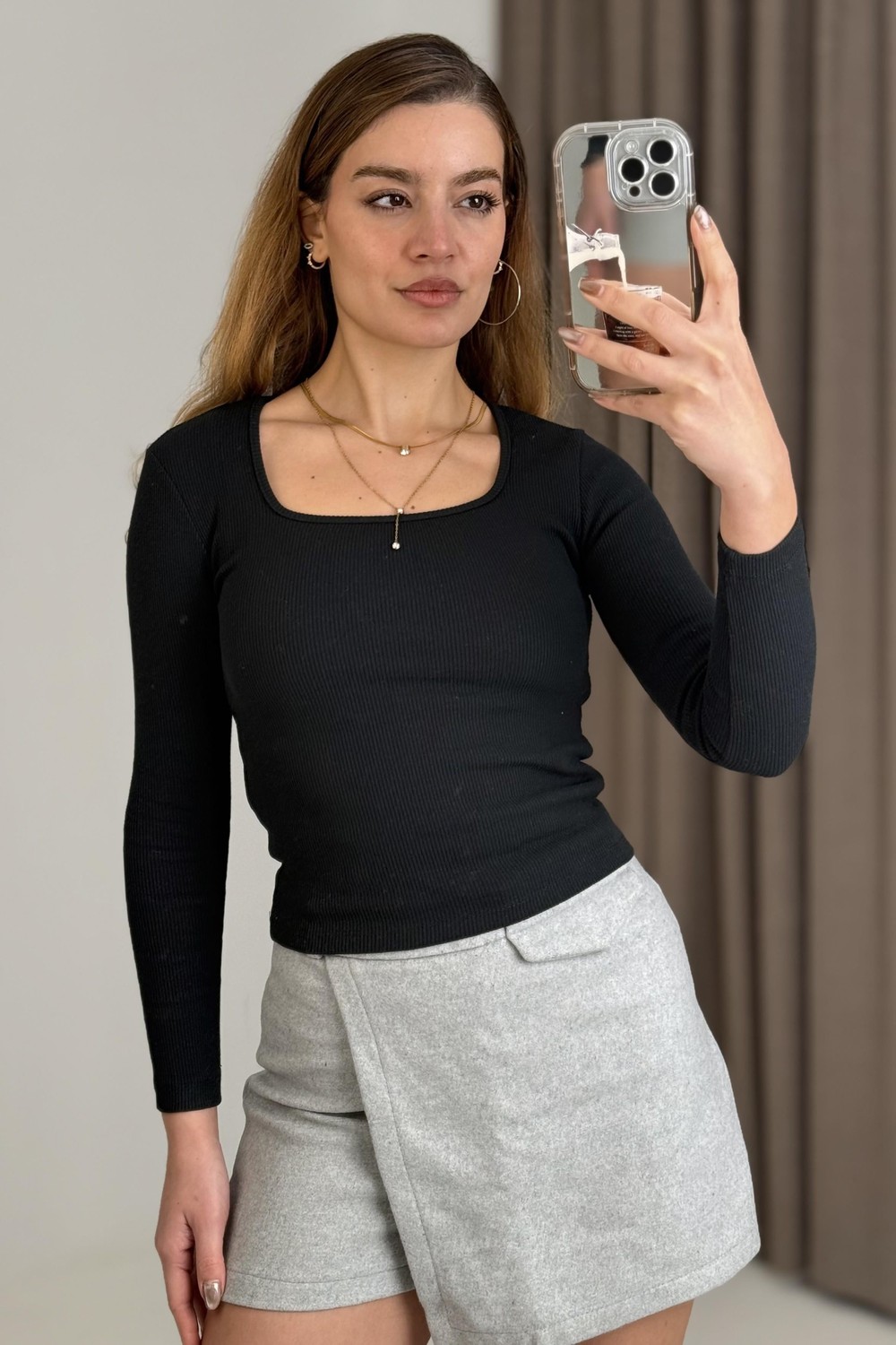 Kadın Fitilli Kare Yaka Uzun Kollu Bluz  Siyah