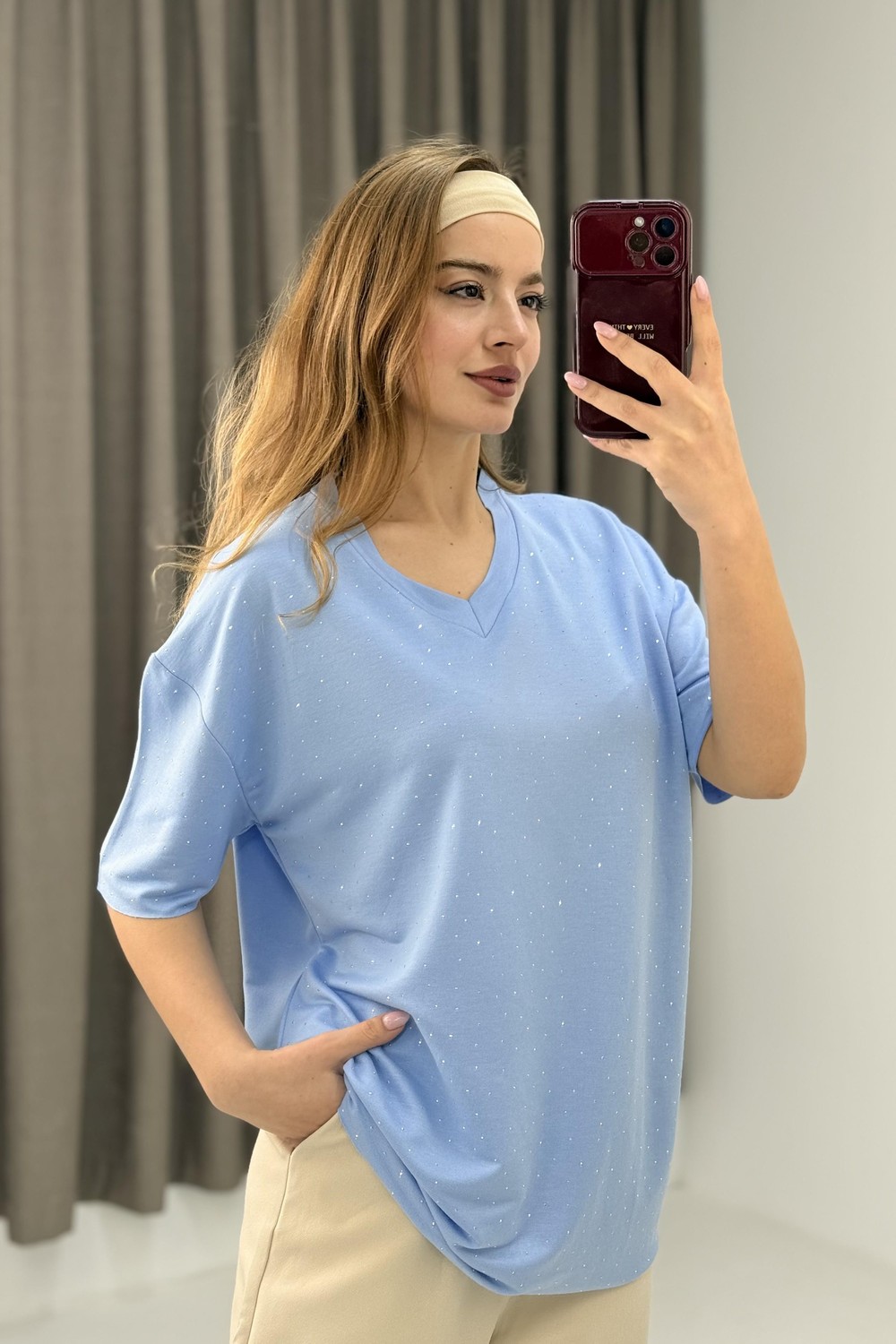 V Yaka Taşlı Yarım Kol T-shirt Mavi