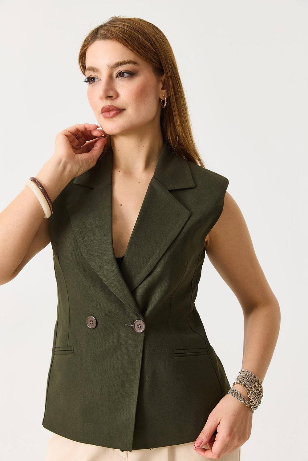 Kadın  Oversize Kruvaze Sıfır Kol Yelek Haki