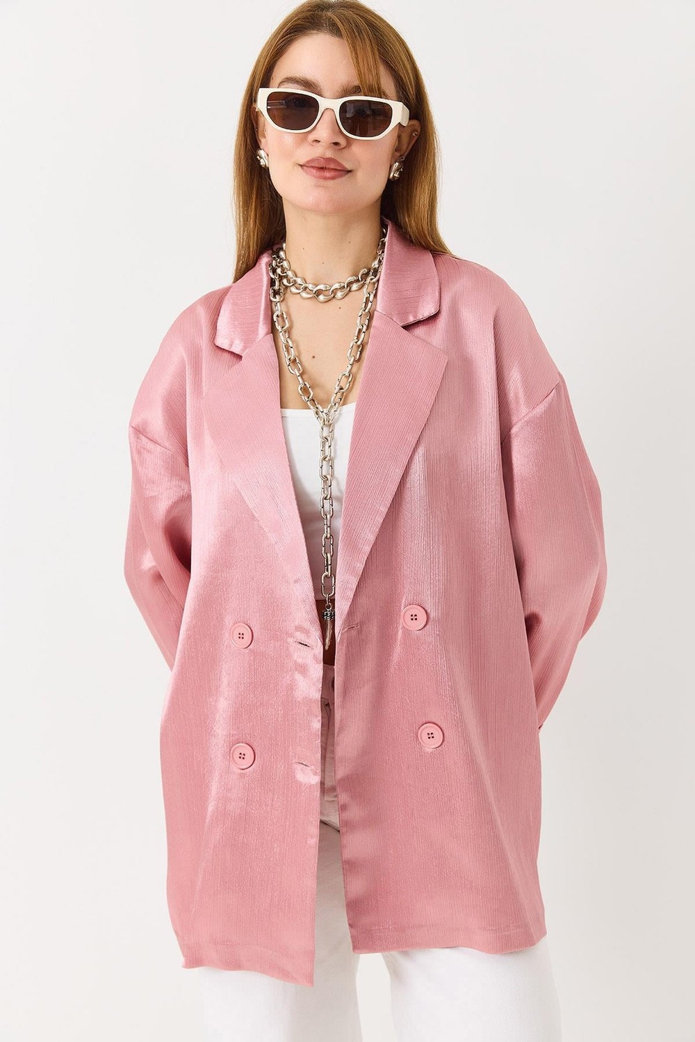 Kadın  Kruvaze Yaka Saten Oversize Blazer Ceket Pembe