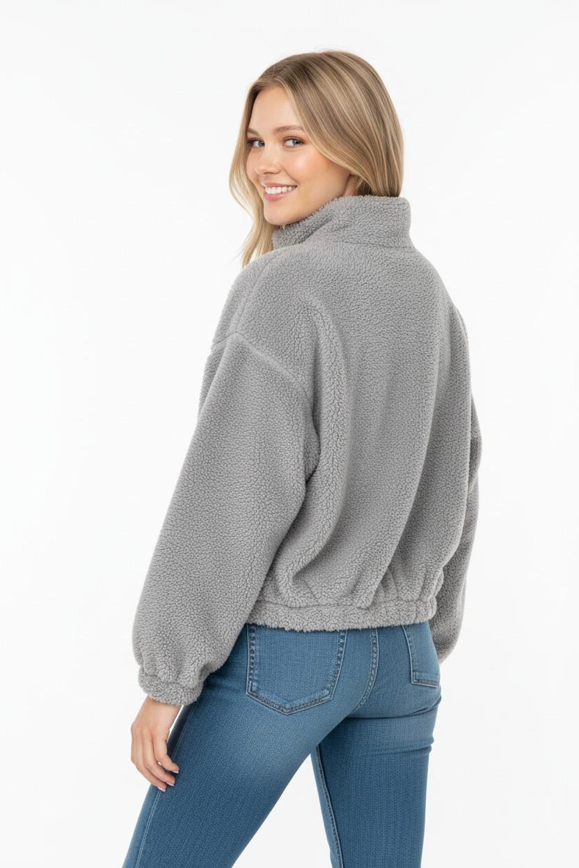 Kadın Yarım Fermuarlı Altı Büzgülü Gri Sweatshirt