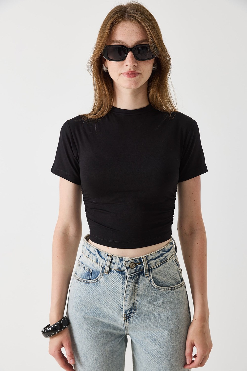 Kadın Bisiklet Yaka Penye Crop Bluz Siyah