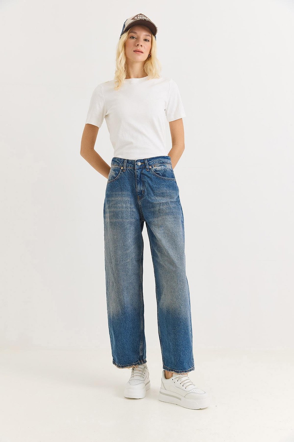 Kadın Bol Kesik Paça Şık Kot Pantalon  Mavi