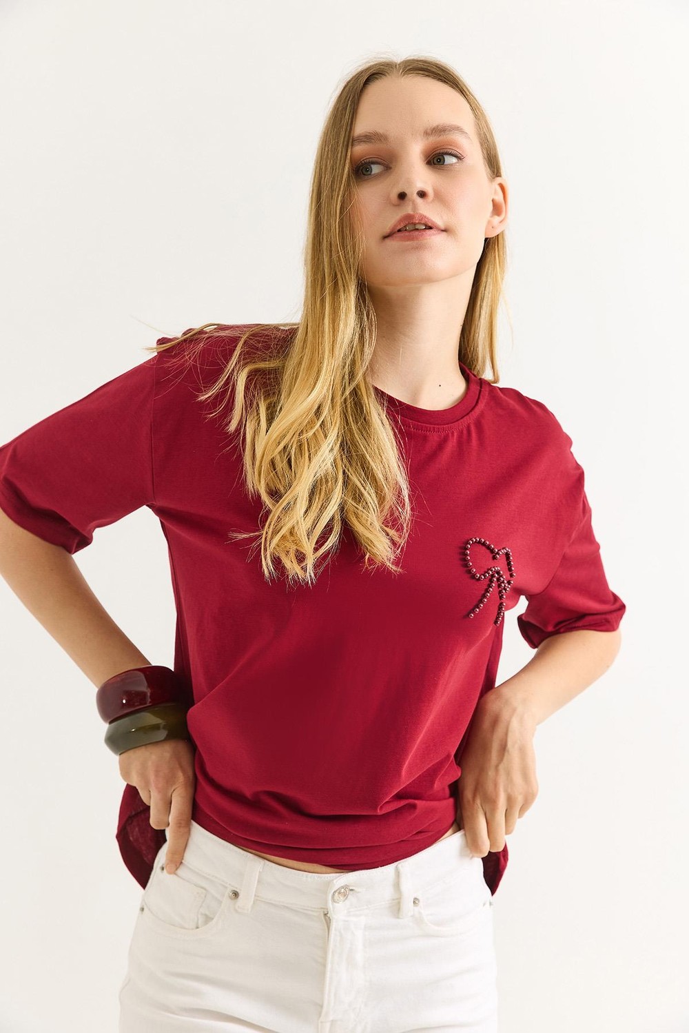 Fiyonk Detaylı Rahat Kesim Kadın Tshirt Bordo