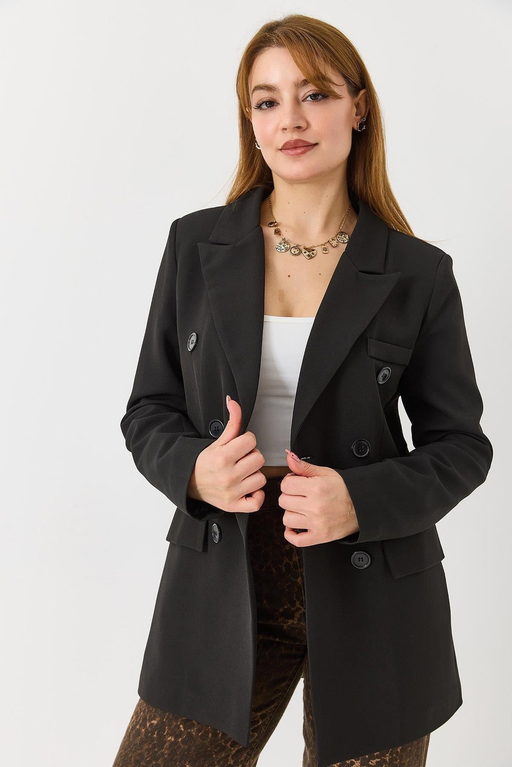 Kadın Düğmeli Tam Kalıp  Blazer Ceket Siyah