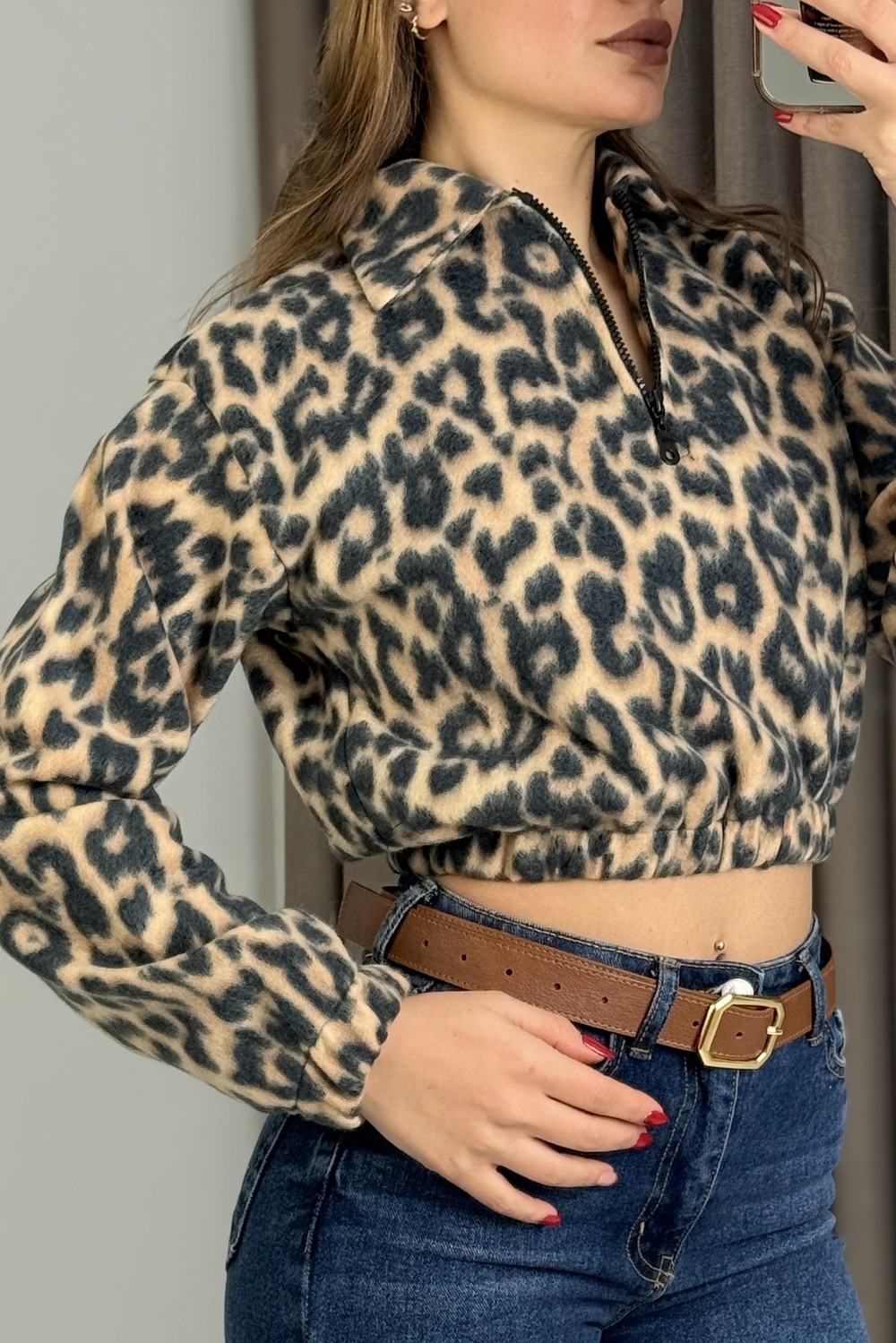 Leopar Desen Yarım Fermuarlı Polar Sweatshirt