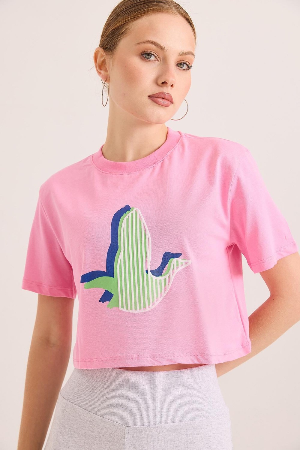 Karikatür Kuş Baskılı Pamuk Örme Crop Tshirt Pembe