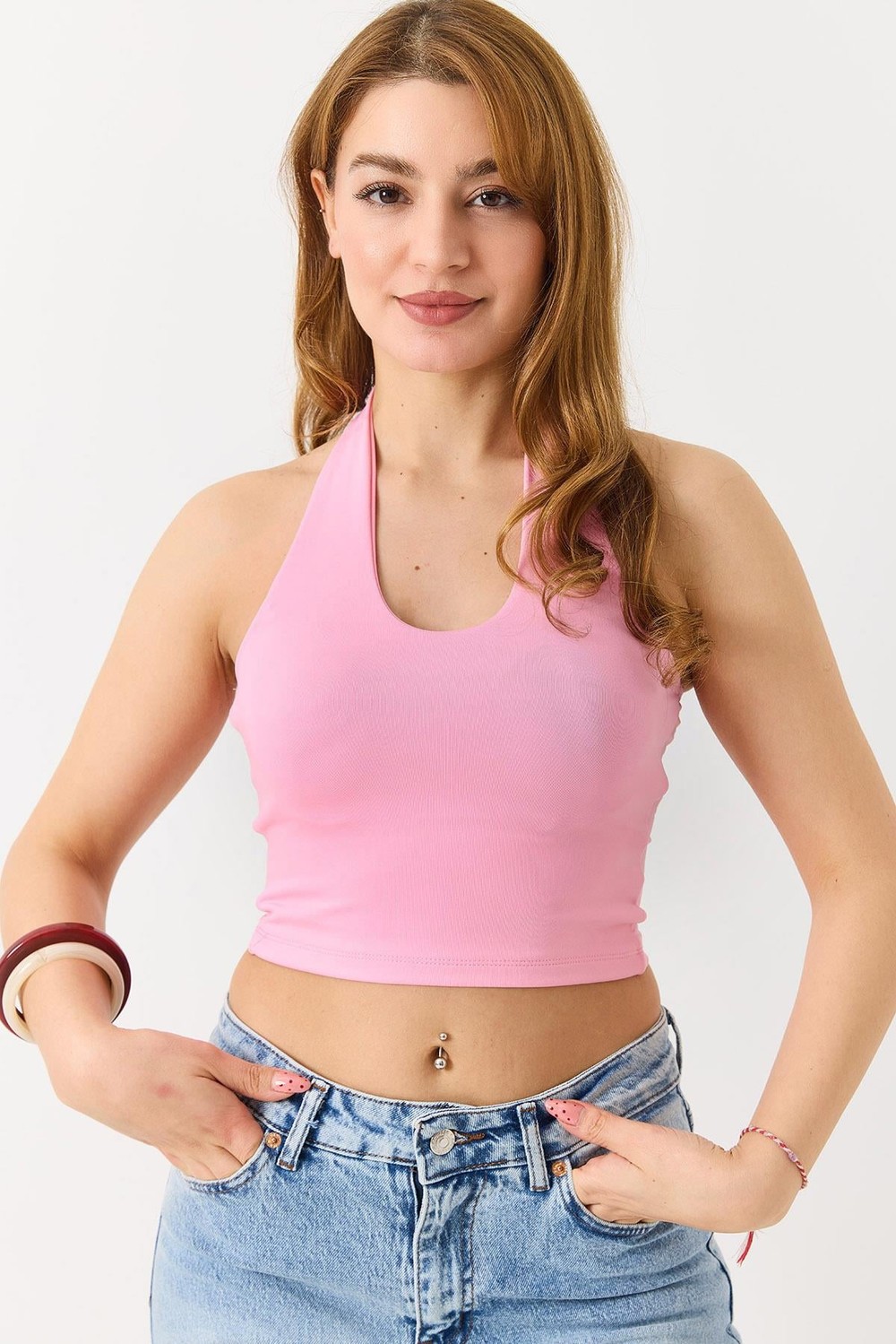 Kadın Boyundan Askılı  Crop Bluz Pembe
