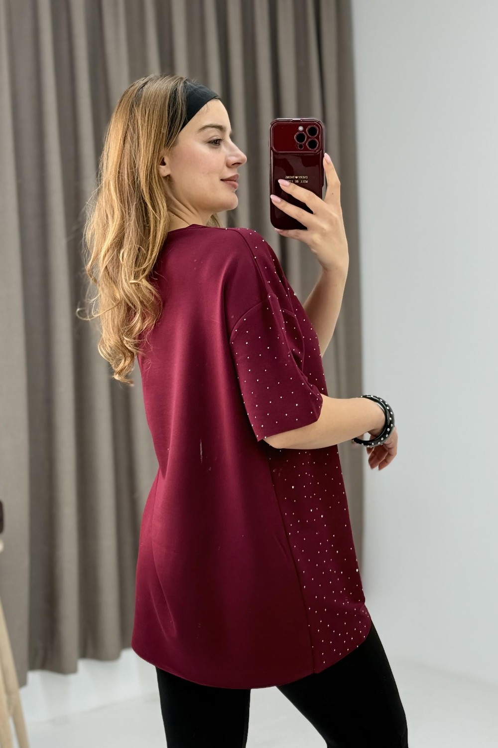 V Yaka Taşlı Yarım Kol T-shirt Bordo