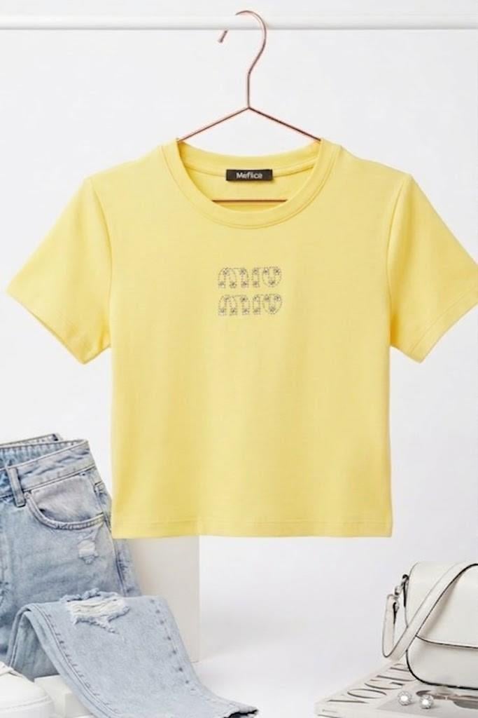 Kadın Bisiklet Yaka Kısa Kollu Crop Bluz Sarı