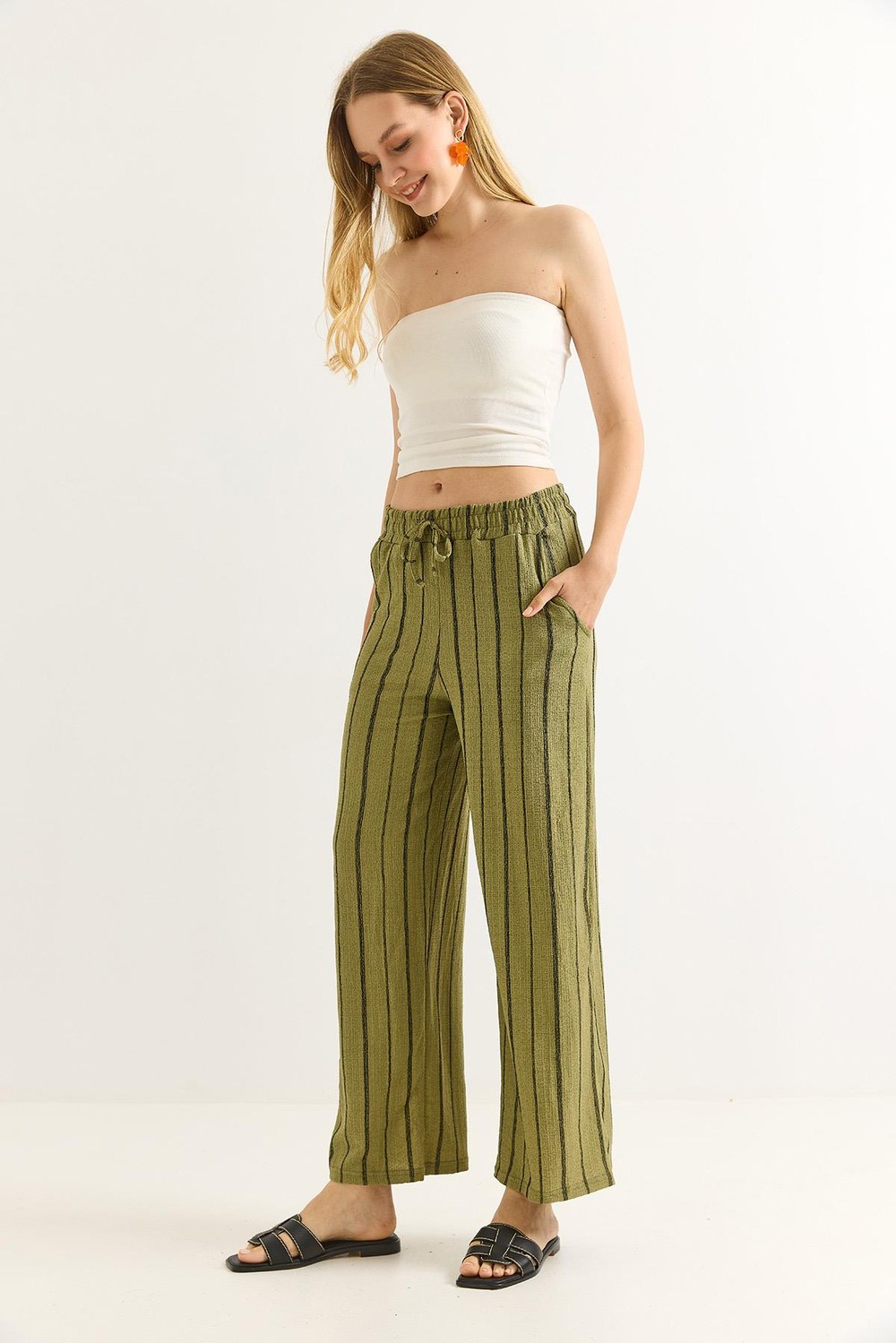 Bürümcük Çizgili Rahat Kesim Pantalon Yeşil