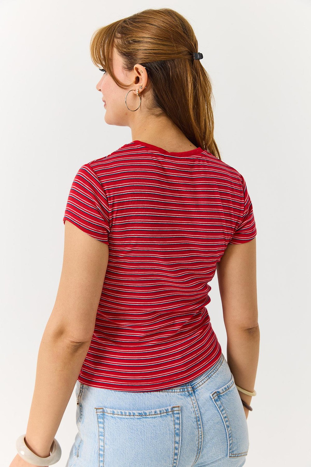 Kadın  Çizgili Bisiklet Yaka Tshirt Kırmızı