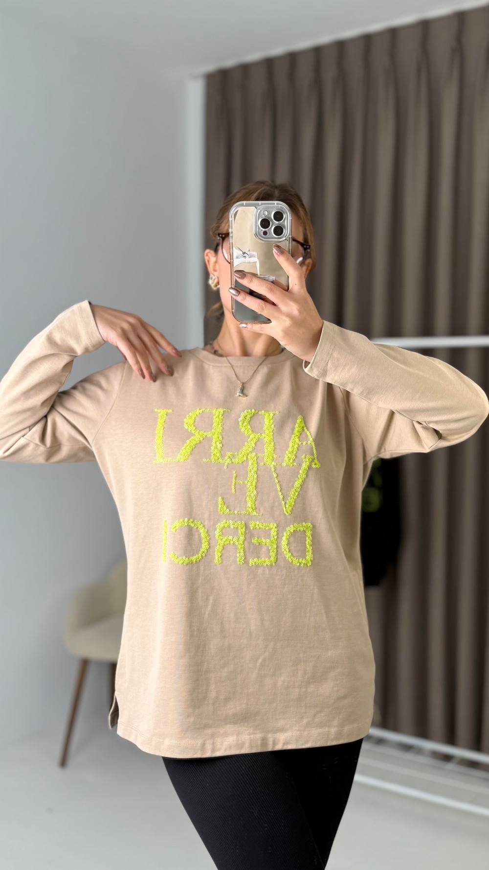 Kadın Vizon Yazı Baskılı Uzun Kollu  Tshirt