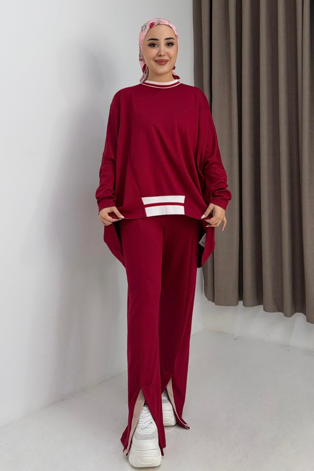 Kadın Beli Lastikli Dökümlü Model Oversize Eşofman Takım Kırmızı