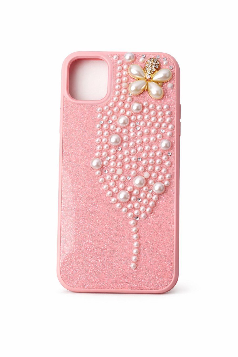 İphone 15 Plus Uyumlu İnci ve Glitter Detaylı Kılıf Pembe