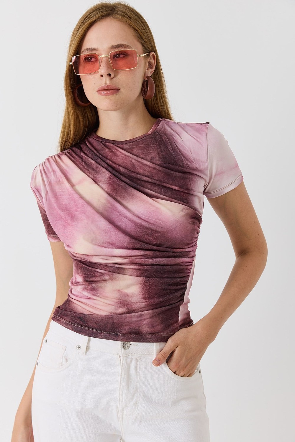 Kadın Drapeli Dijital Baskı Renkli Tshirt Pembe