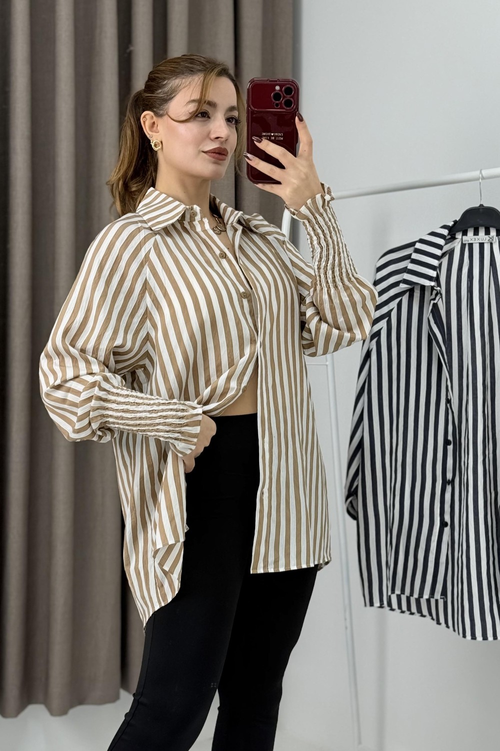 Manşet Detaylı Oversize Şık Gömlek Vizon