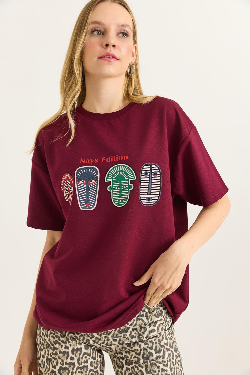 Baskılı Oversize Tshirt Bordo