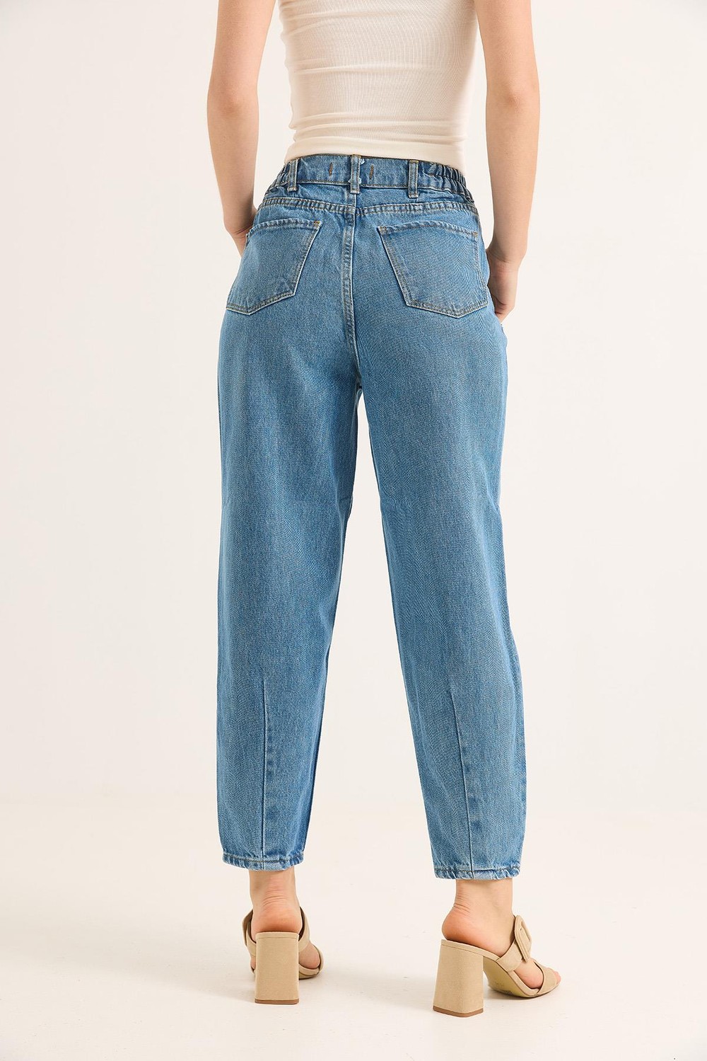 Yüksek Bel Düğmeli Wide Leg Jean Mavi