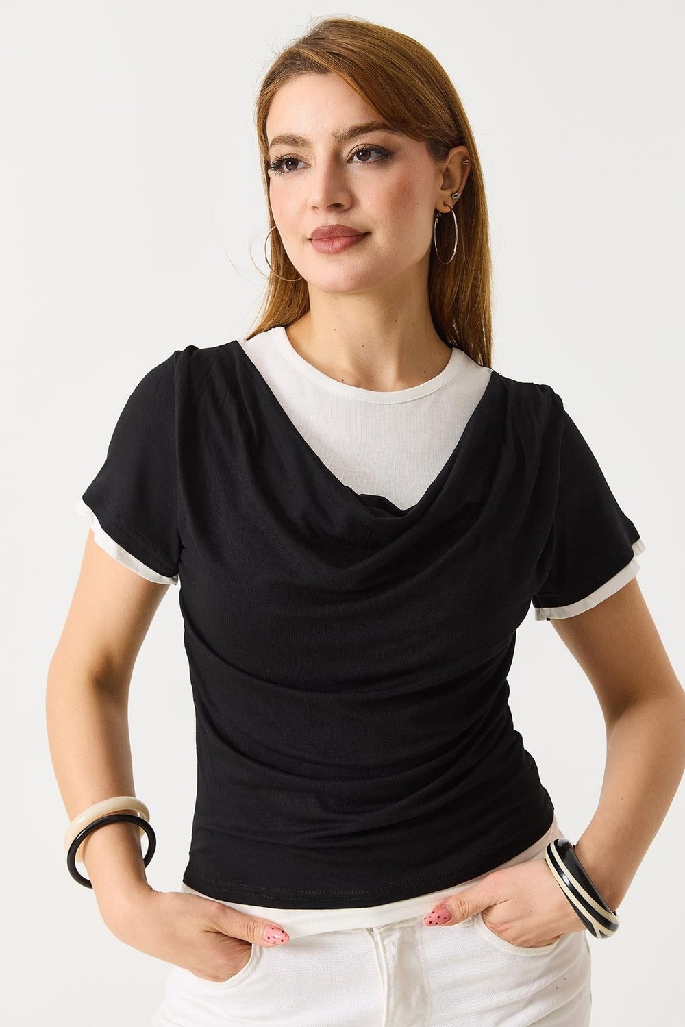 Kadın Drapeli İki Renkli Kısa Kollu  Tshirt Siyah