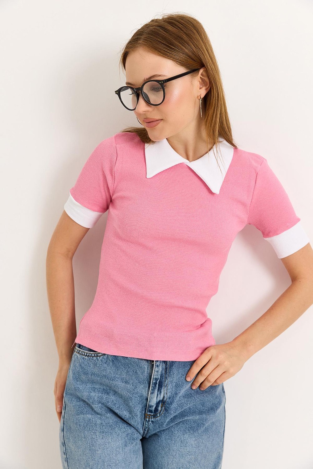 Gömlek Yaka Kaşkorse Bluz  Pembe 