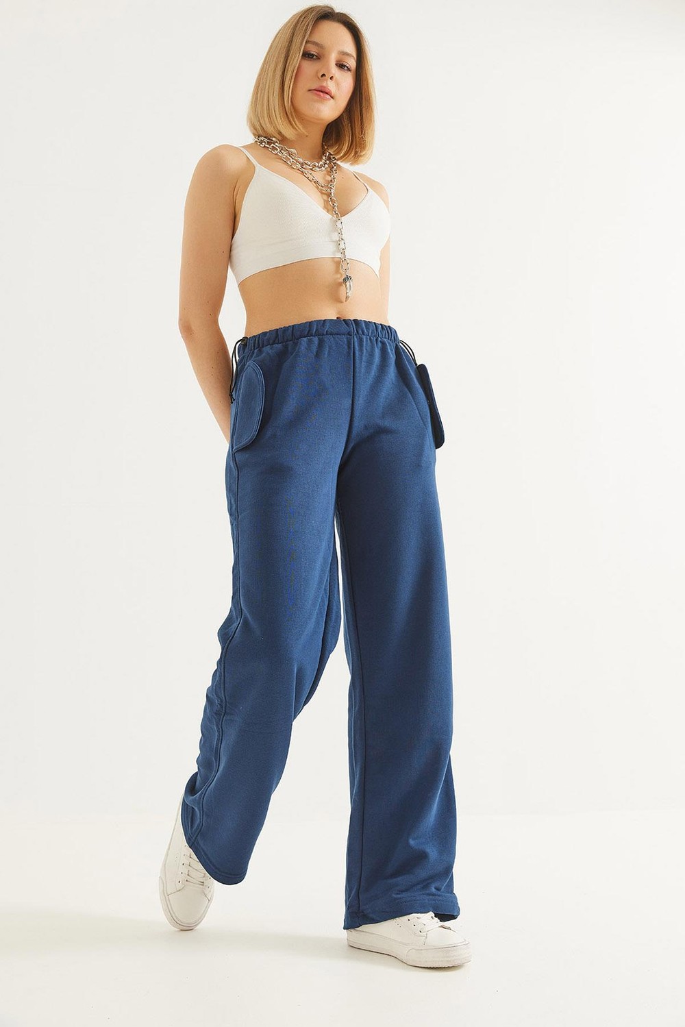 Rahat Kesim Cepli Beli Lastikli Eşofman Altı İndigo