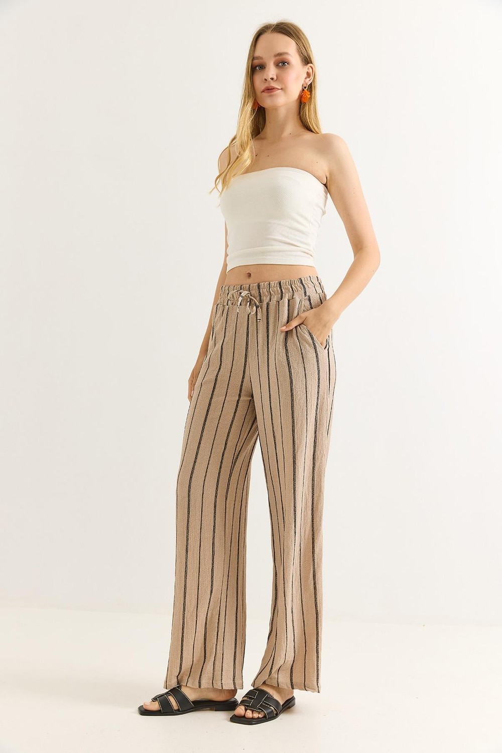 Bürümcük Çizgili Rahat Kesim Pantalon Vizon