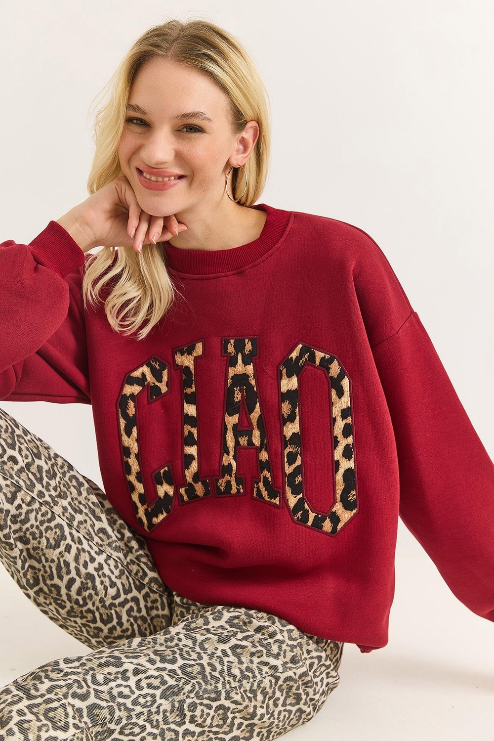Kadın Üç İplik Leopar Baskılı Sweatshirt Bordo 