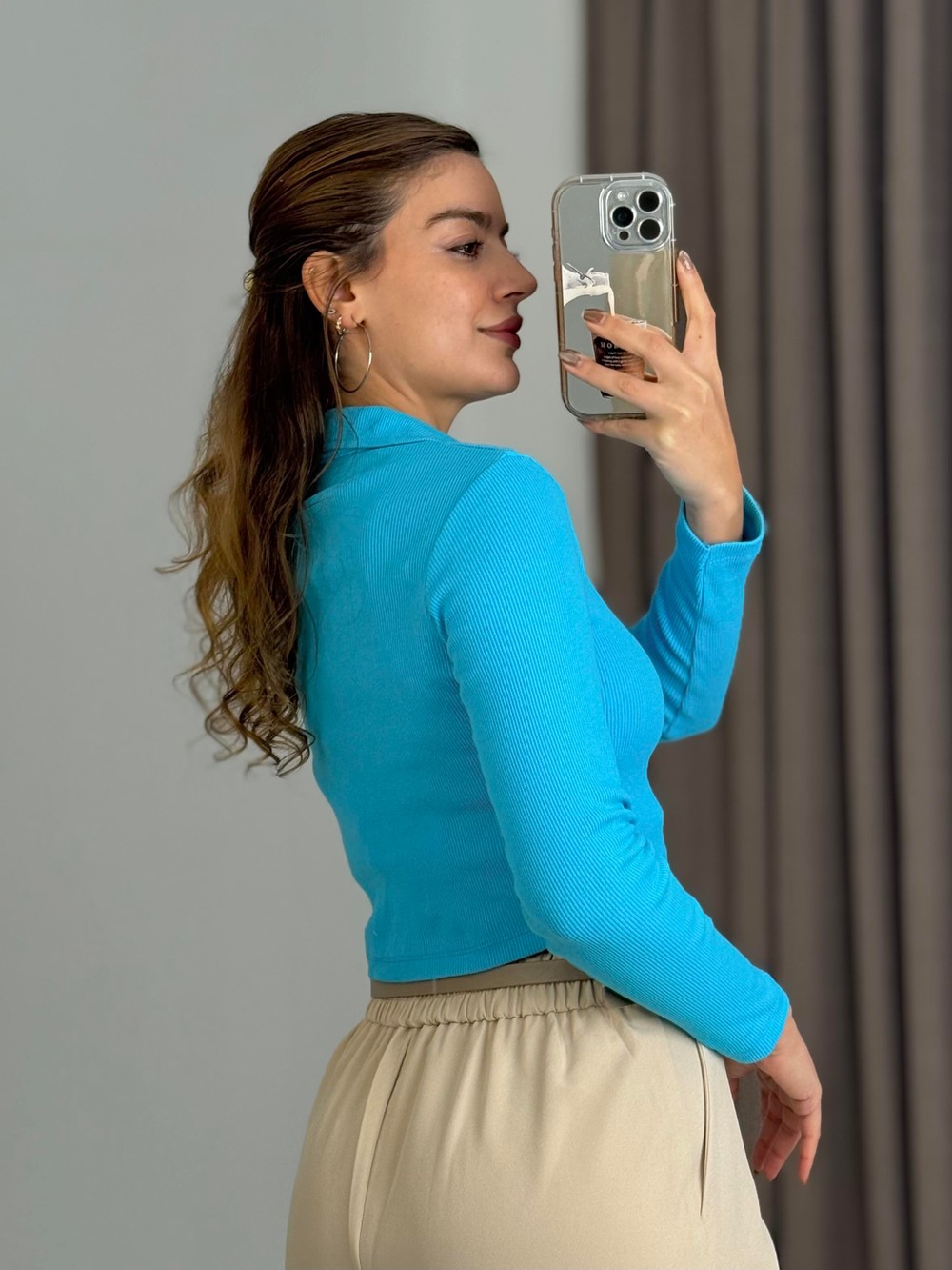 Kadın Polo Yaka Fitilli Crop Bluz Mavi