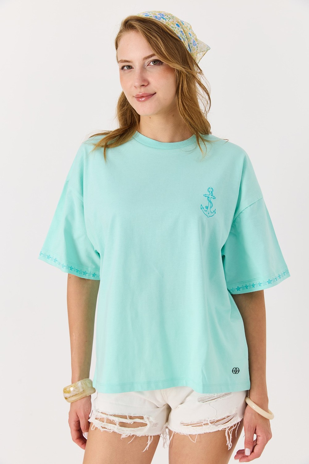 Kadın Bisiklet  Salaş Yaka Pembe Baskılı Tshirt Su Yeşili