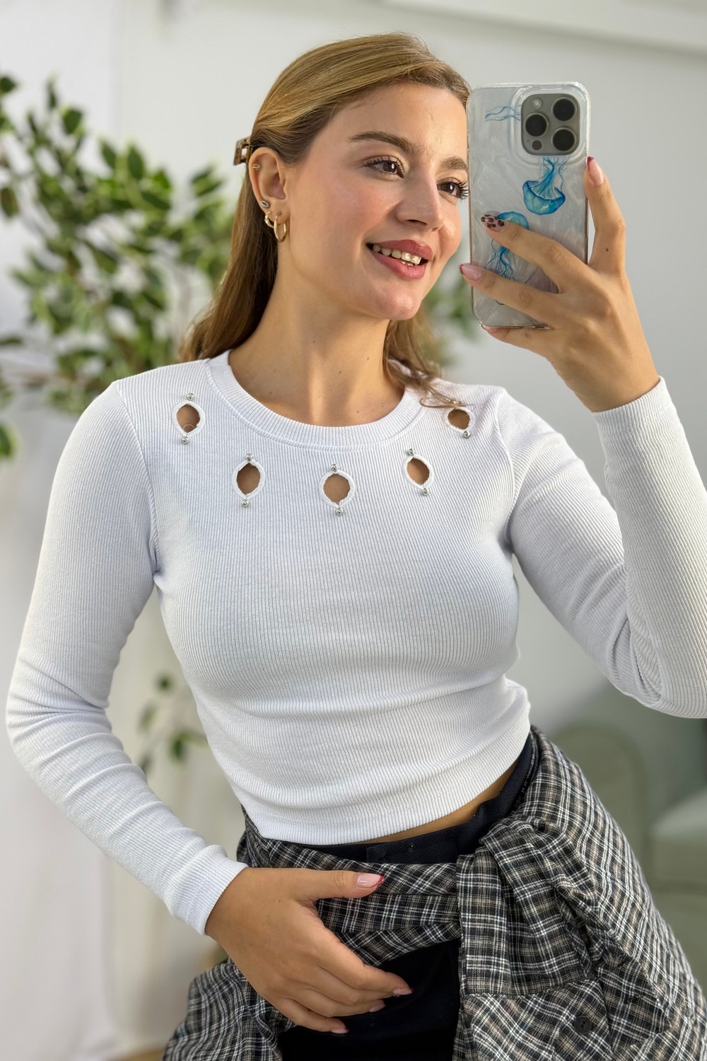 Kadın Uzun Kollu Kaşkorse  Mini  Dekolteli Taşlı Crop Bluz