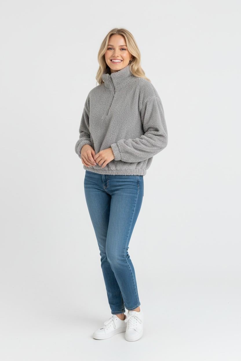 Kadın Yarım Fermuarlı Altı Büzgülü Gri Sweatshirt
