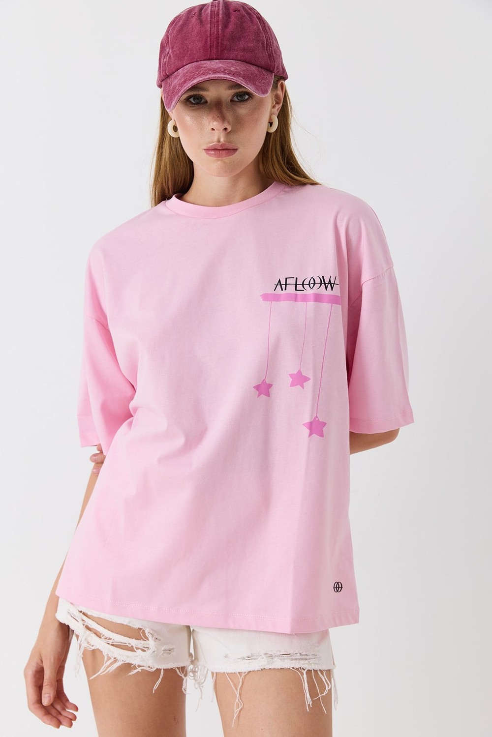 Kadın Bisiklet  Salaş Yaka Pembe Baskılı Tshirt