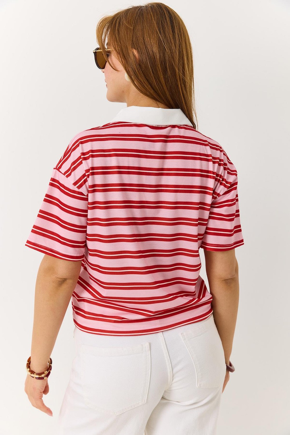 Polo Yaka Çizgili Baskılı Kısa Kollu Tshirt 