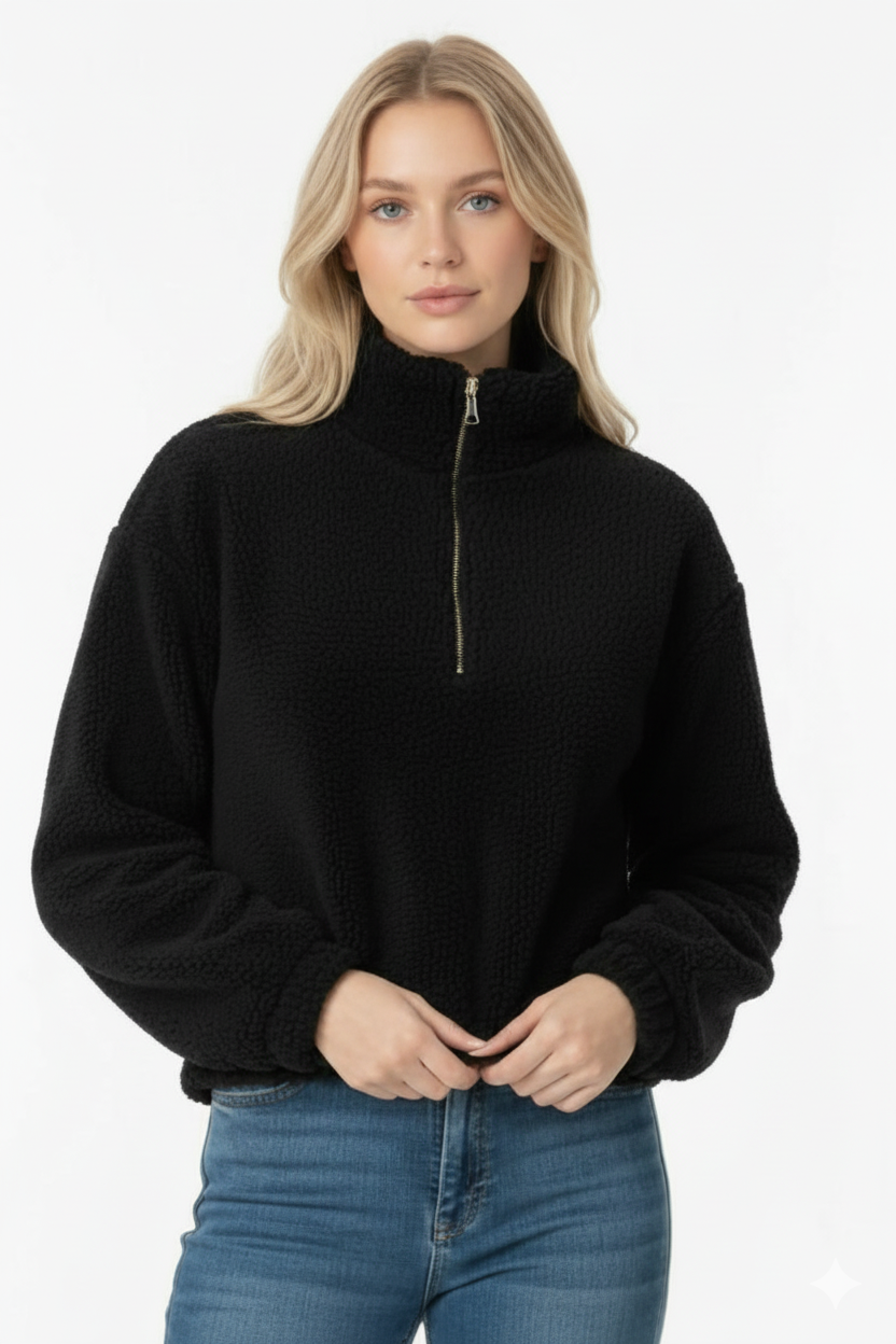 Kadın Yarım Fermuarlı Altı Büzgülü Siyah Sweatshirt