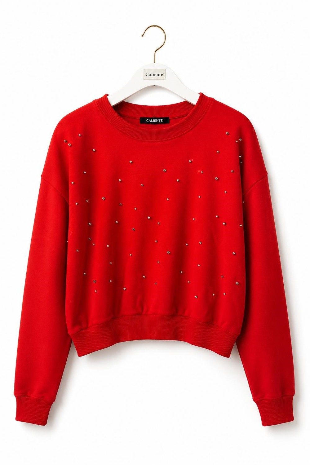 Kadın Bisiklet Yaka Taş Detaylı Sweatshirt Kırmızı